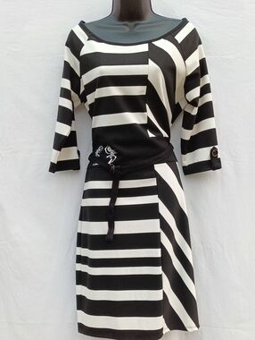 Black & White Striped Midi Dress with Waist Tie